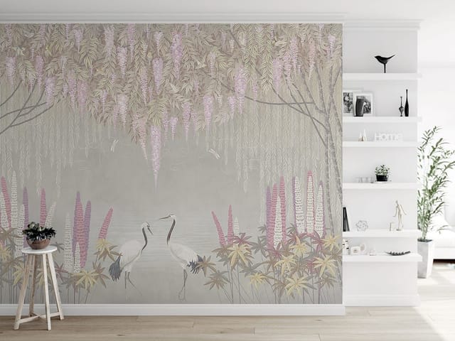 Fototapeta z dwoma żurawiami w ogrodzie pełnym kolorowych kwiatów