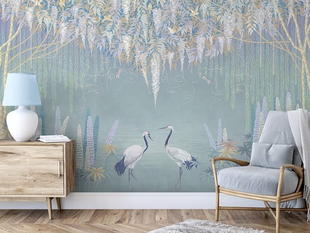 Fototapeta z dwoma żurawiami wśród roślin, z drzewami i kwiatami