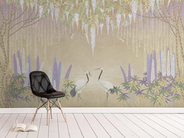 Fototapeta z żurawiami w ogrodzie pełnym kwiatów i zieleni