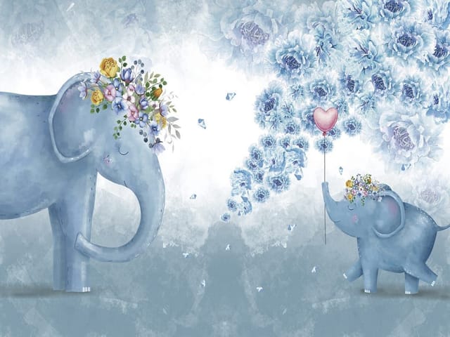Fototapeta Niebieskie słonie z kwiatami