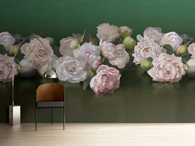 Fototapeta z bukietem różowych piwonii na zielonym tle