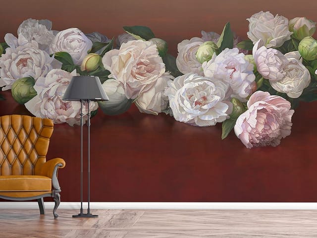 Fototapeta Bukiet białych piwonii na ciemnym tle (kod: 23595) Fototapeta z bukietem białych piwonii na ciemnym tle i zielonymi liśćmi