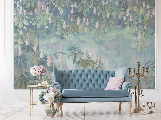 Fototapeta Kasztanowce na pastelowym tle (kod: 23614) Fototapeta z gęstymi liśćmi i kwiatami kasztanowca na pastelowym tle