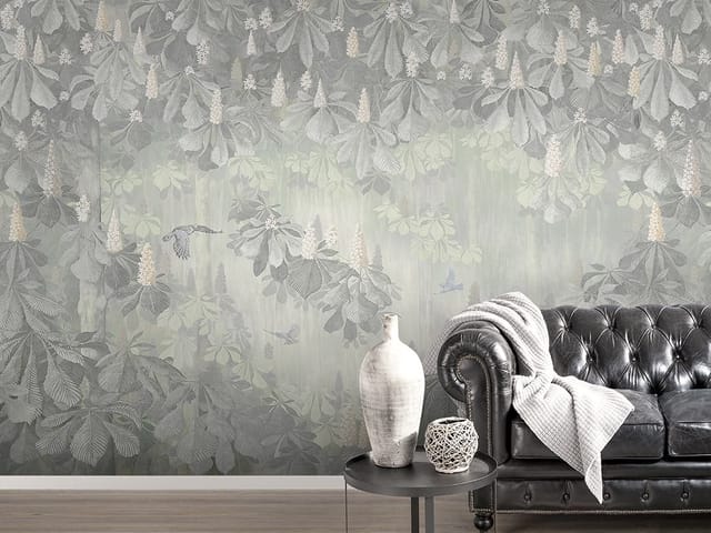 Fototapeta z dużymi liśćmi kasztanowca i kwiatami stożkowymi na tle z gradientem