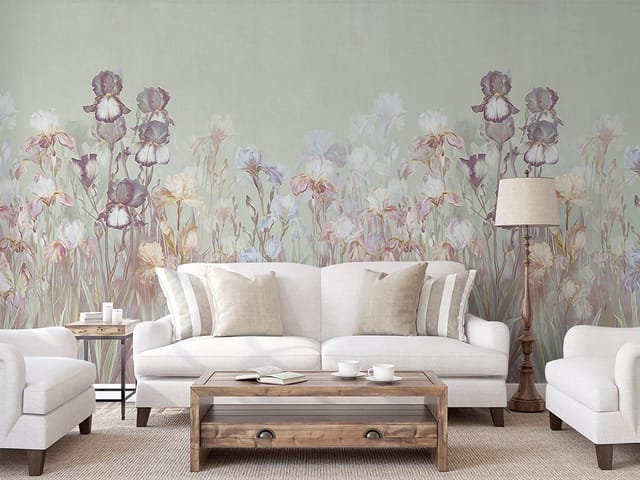 Fototapeta z różnokolorowymi irysami na jasnym tle, zielone łodygi