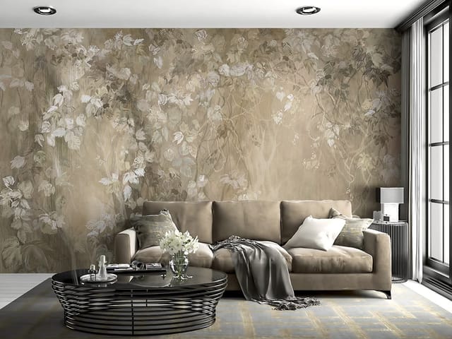 Fototapeta z gęstymi pnączami i liśćmi na rozmytym tle