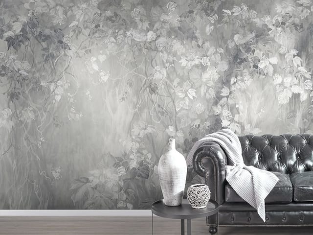 Fototapeta z gęstymi liśćmi i pnączami w odcieniach szarości na tle