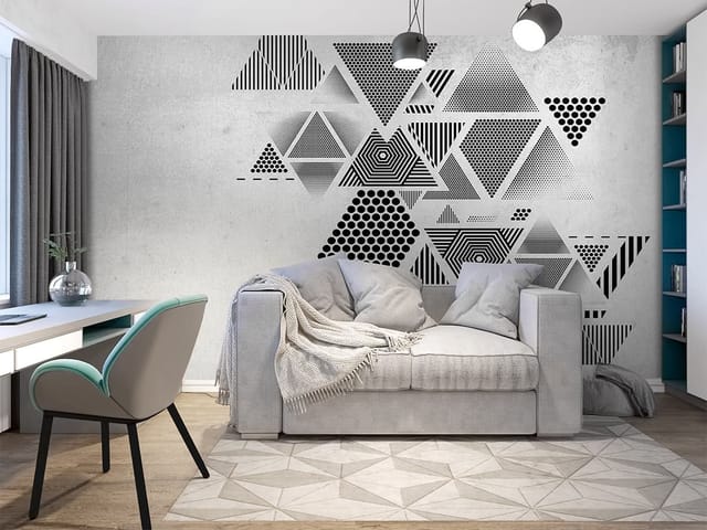 Fototapeta z geometrycznymi trójkątami, kropkami i liniami na szarym tle