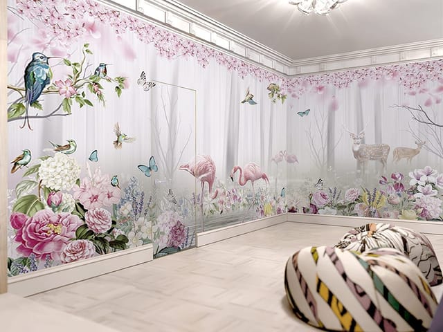 Fototapeta Flamingi w kwiecistym otoczeniu