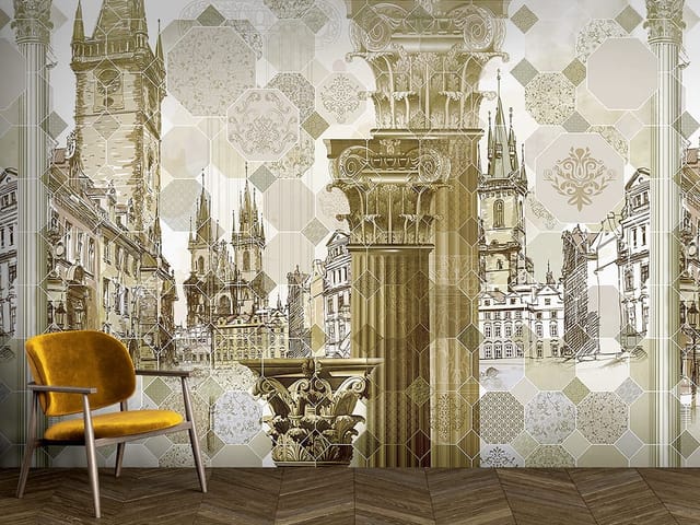 Fototapeta z architektonicznymi kolumnami i zabytkowymi budynkami