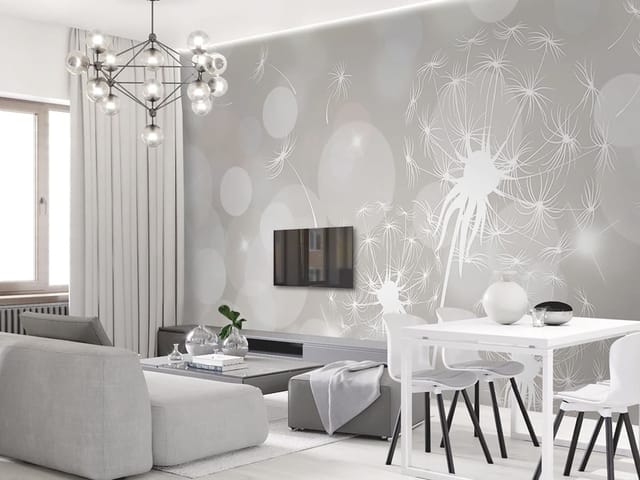 Fototapeta z białymi dmuchawcami na tle rozmytych świetlistych plam bokeh