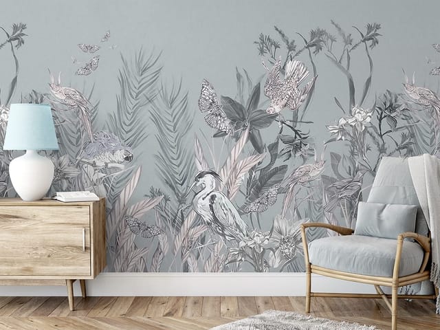 Fototapeta Leśne ptaki i paprocie (kod: 23790) Fototapeta z ptakami i roślinami w lesie, duże liście paproci