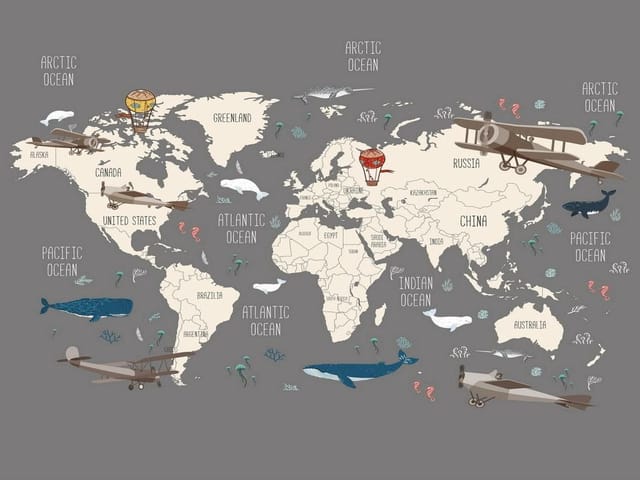 Fototapeta Mapa świata z samolotami i balonami