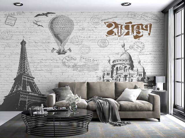 Fototapeta z Wieżą Eiffla, bazyliką Sacré-Cœur i balonem na tle ceglanej ściany