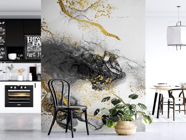 Fototapeta z abstrakcyjnymi wzorami, czarne plamy i złote linie