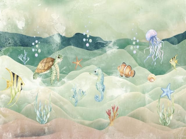 Fototapeta z morskim krajobrazem, żółwiem, meduzą i rybami