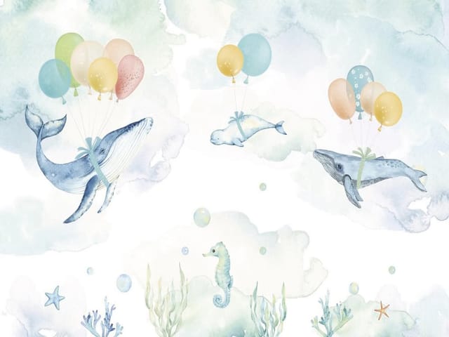 Fototapeta z trzema wielorybami unoszącymi się dzięki balonom