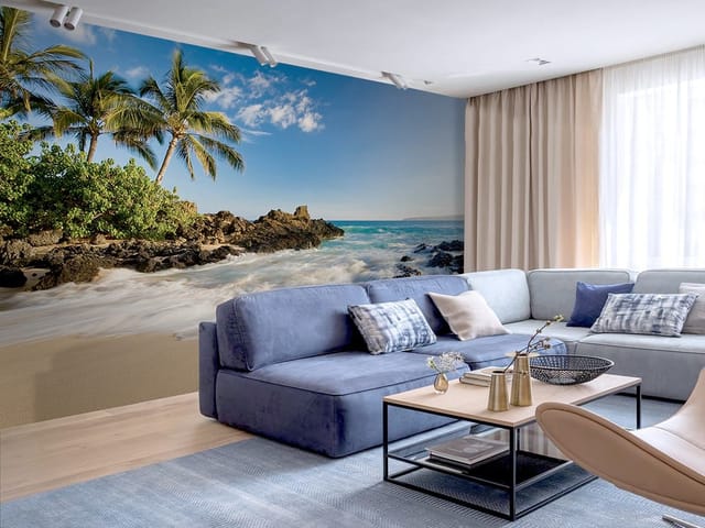 Fototapeta Plaża z palmami i skałami