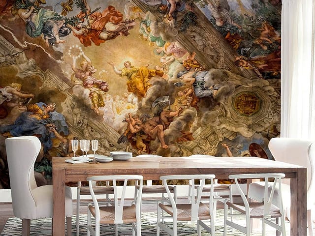 Fototapeta z mitologiczną sceną na suficie pełną postaci i ornamentyki