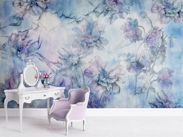 Fototapeta Pastelowe kwiaty w akwareli (kod: 24032) Fototapeta z dużymi kwiatami w pastelowych odcieniach niebieskiego i fioletowego