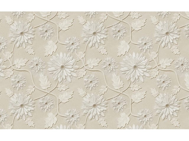 Fototapeta z dużymi białymi kwiatami i delikatnymi liśćmi na beżowym tle