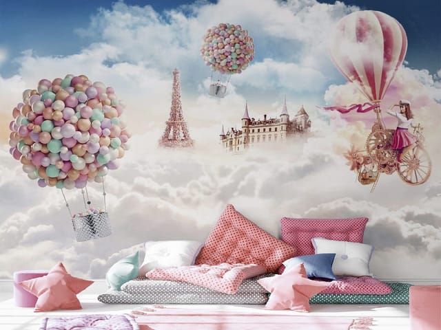 Fototapeta Balony nad chmurami z wieżą Eiffla (kod: 24062) Fototapeta Balony nad chmurami z wieżą Eiffla