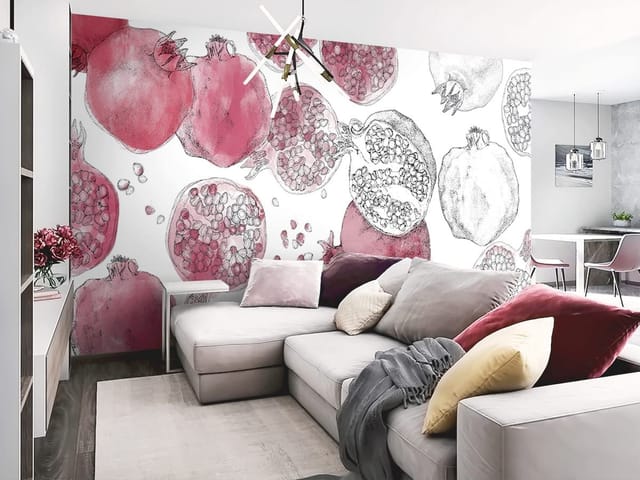 Fototapeta z granatami na białym tle z przekrojami i nasionami