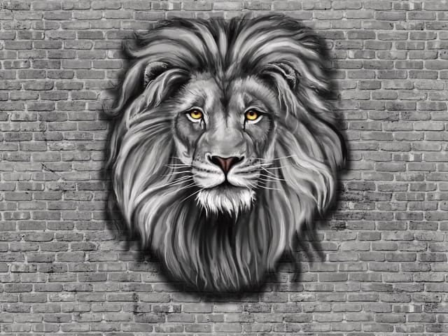 Fototapeta przedstawiająca szczegółowy portret lwa na tle ceglanej ściany