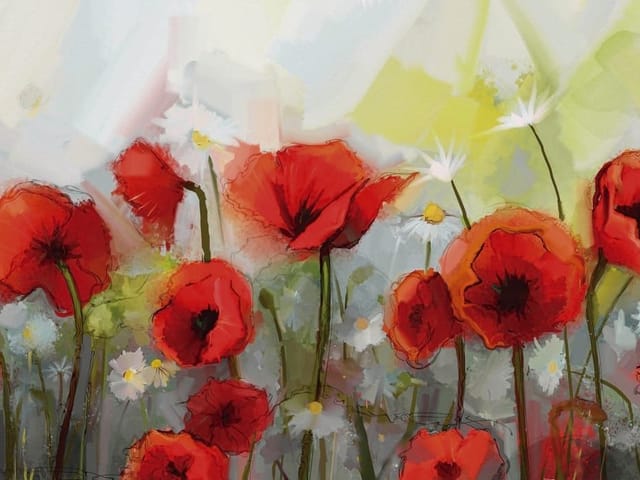 Fototapeta przedstawiająca czerwone maki otoczone zielonymi łodygami i liśćmi