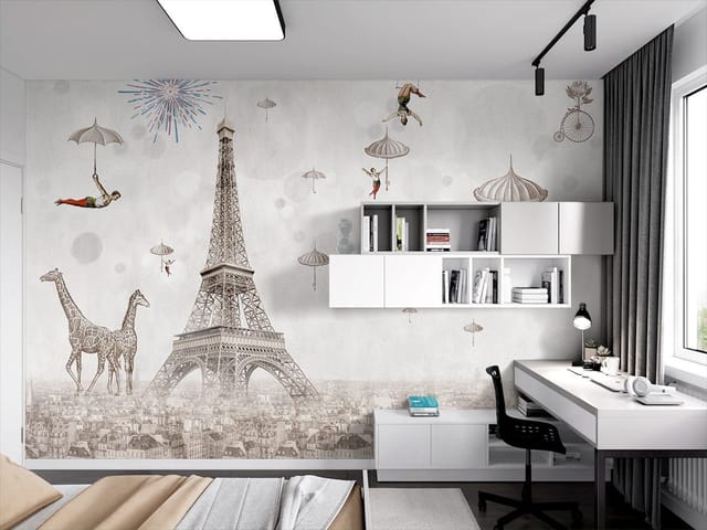 Fototapeta z Wieżą Eiffla, surrealistyczne elementy, miasto, parasole