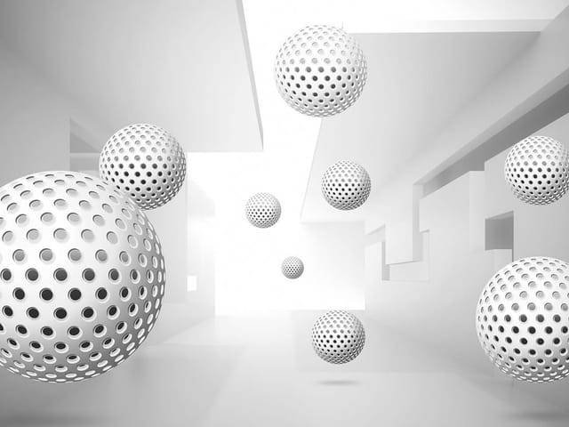 Fototapeta z unoszącymi się perforowanymi kulami na tle geometrycznego korytarza