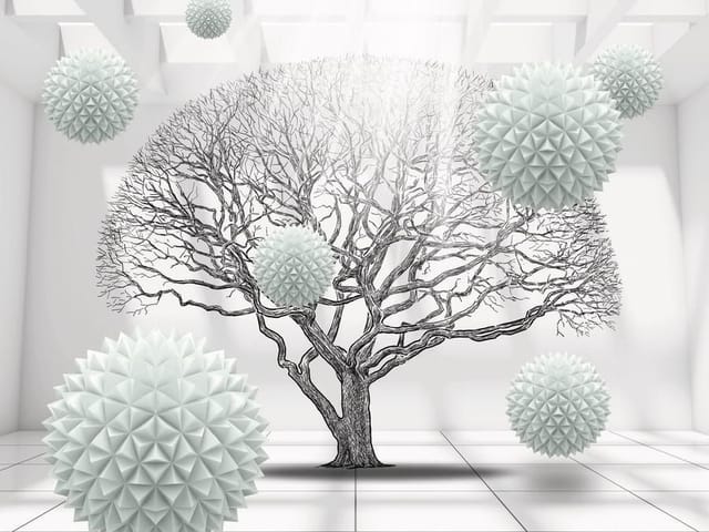Fototapeta Geometryczne drzewo z kulistymi formami (kod: 24097) Fototapeta z drzewem bez liści i kulistymi obiektami na geometrycznym tle