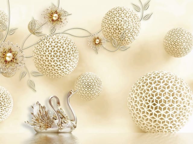 Fototapeta z geometrycznymi kulami, liśćmi, kwiatami i łabędziami