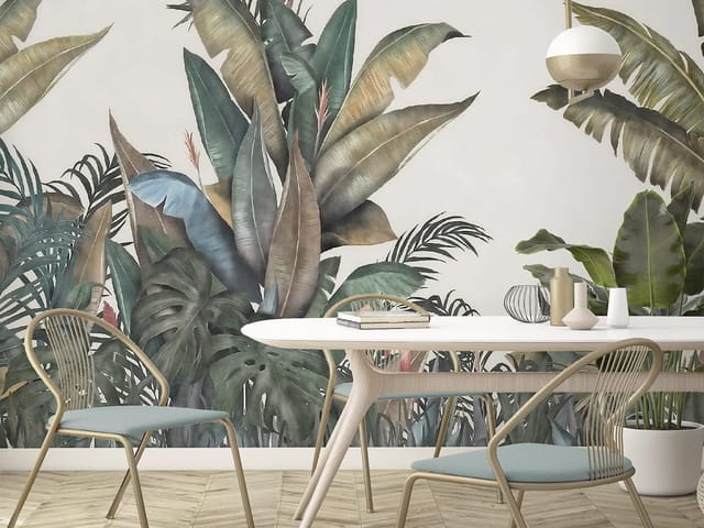 Fototapeta z dużymi tropikalnymi liśćmi bananowca na jasnym tle