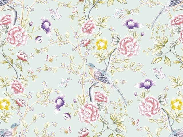 Fototapeta z dużymi kwiatami, gałęziami i ptakami na jasnym tle