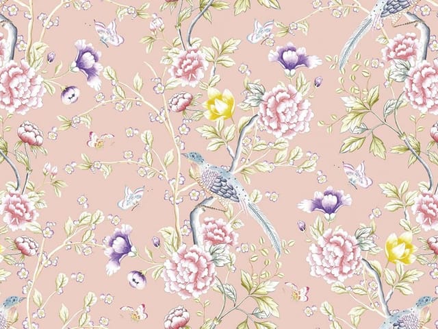 Fototapeta z kwiatami piwonii i ptakami na różowym tle