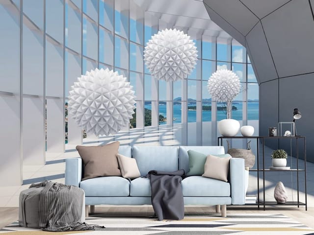 Fototapeta Geometryczne kule i widok na morze