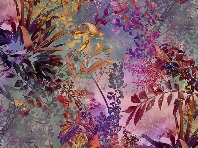 Fototapeta z kolorowymi liśćmi i kwiatami, gęsta roślinność