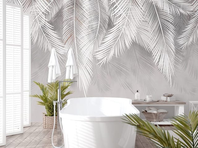 Fototapeta Białe liście palmowe na szarym tle