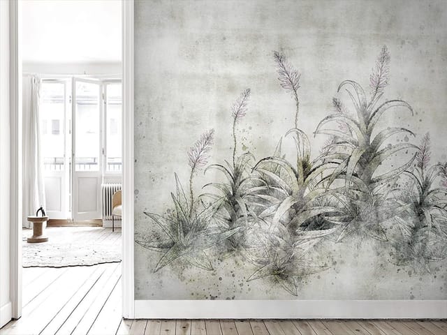 Fototapeta z roślinami o długich liściach i kwiatami na szarym tle