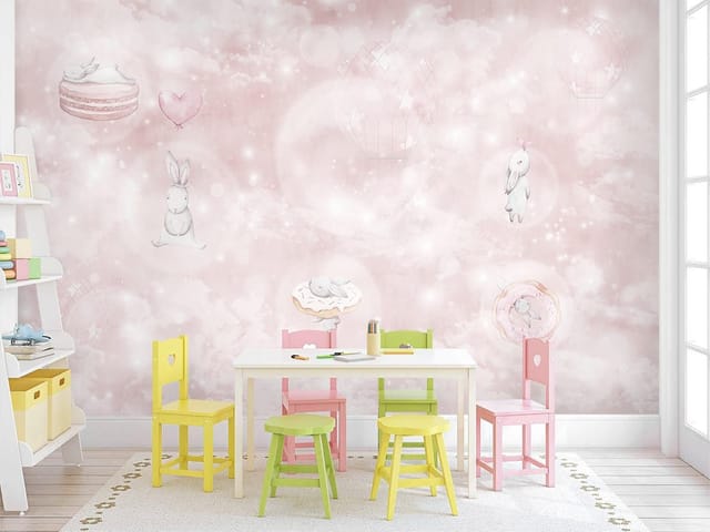 Fototapeta z królikiem na tle różowych chmur i balonami