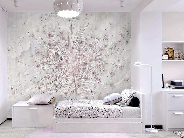 Fototapeta z dużym dmuchawcem na szarym marmurowym tle z różowymi akcentami