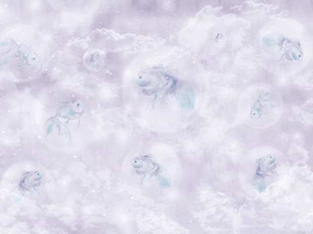 Fototapeta z rybami unoszącymi się wśród białych chmur na niebie