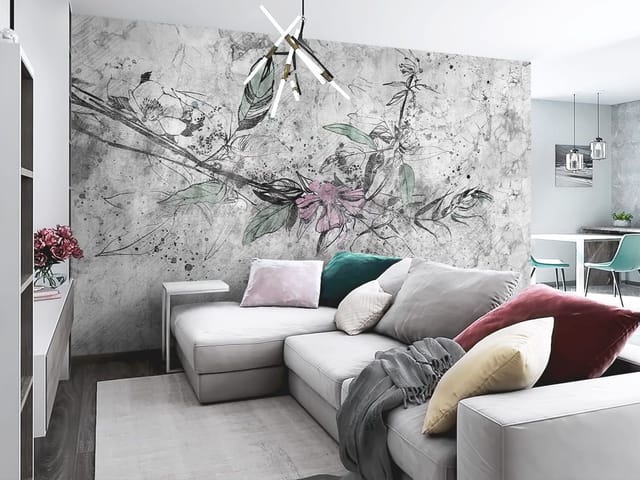 Fototapeta z gałęzią kwiatową i liśćmi na tle abstrakcyjnych wzorów