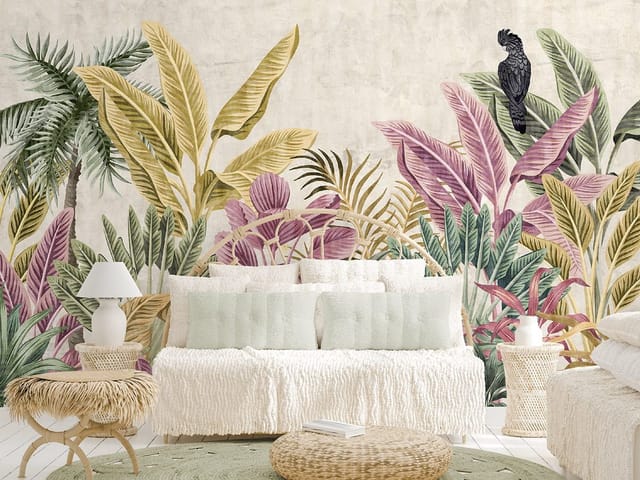 Fototapeta z tropikalnymi liśćmi w odcieniach zieleni, różu i żółci