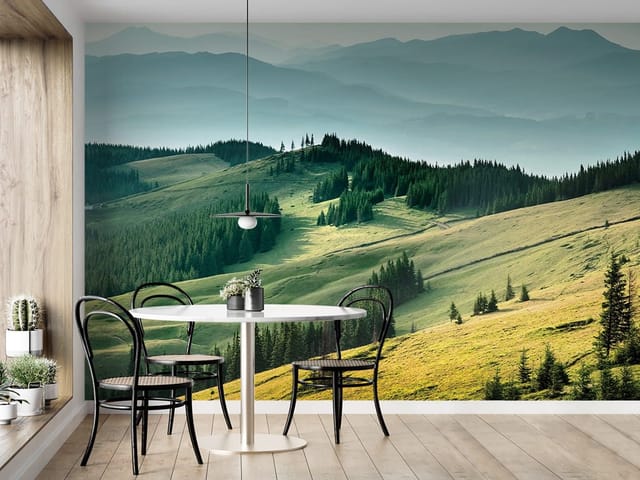 Fototapeta Zielone wzgórza i las iglasty (kod: 24297) Fototapeta z zielonymi wzgórzami, lasem iglastym i górami w tle