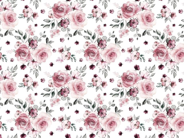 Fototapeta z dużymi różowymi różami i zielonymi liśćmi na białym tle