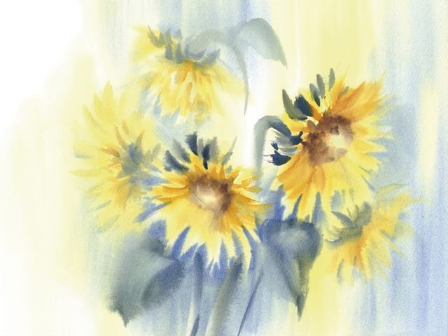 Fototapeta z bukietem słoneczników w akwareli na jasnym tle