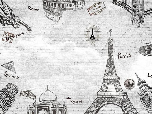 Fototapeta z ikonami architektonicznymi na tle mapy świata