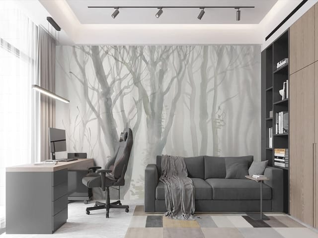 Fototapeta przedstawiająca drzewa w zimowym lesie z nagimi gałęziami i mglistą atmosferą